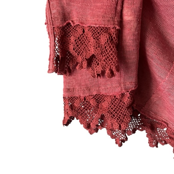 Free People Crochet Lace Trim Button Front Cardigan Sweater Boho Linen M Pink - Picture 5 of 9